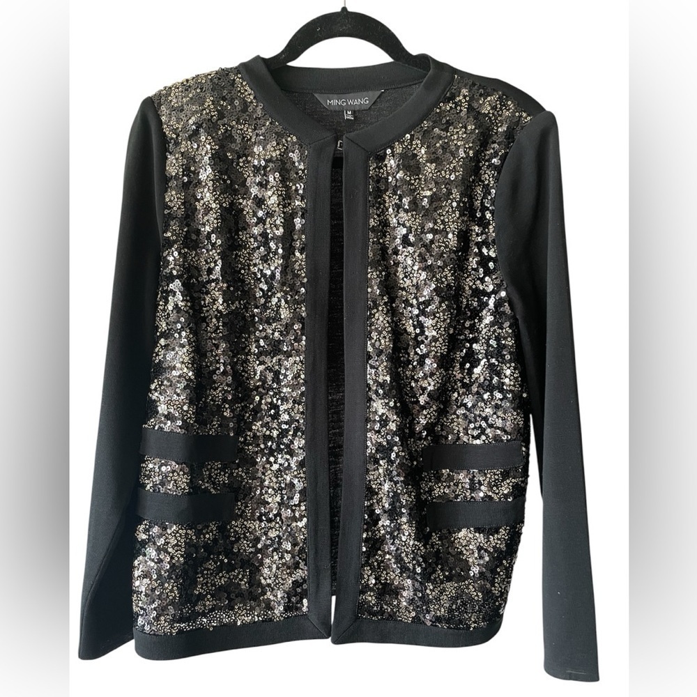 Ming Wang Sequined Black Open Front Cardigan with Clasp Sweater Size Medium